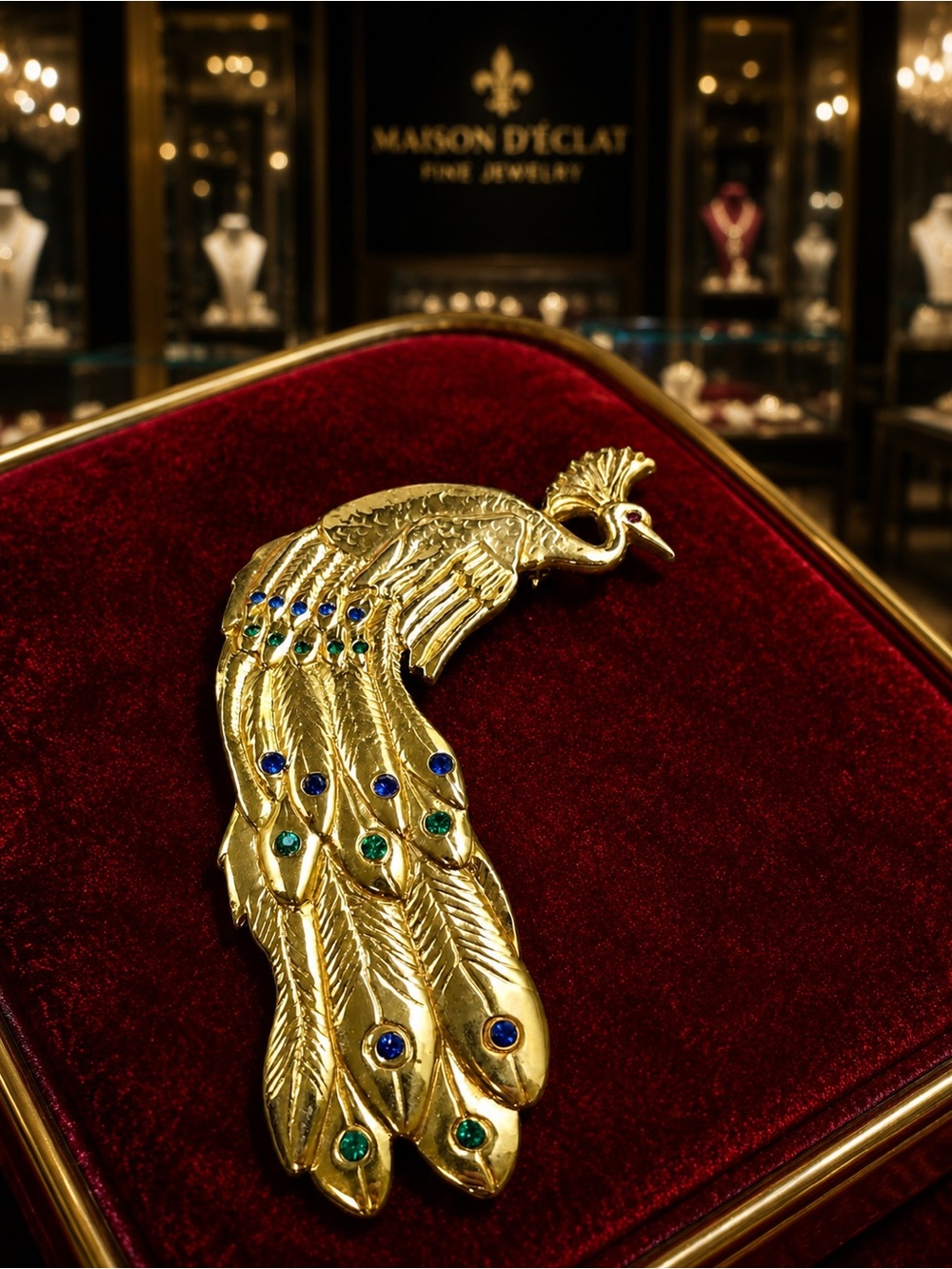 Rare Vtg ROBIN KAHN Gold tone Large 4,5”Statement Peacock Brooch Pin